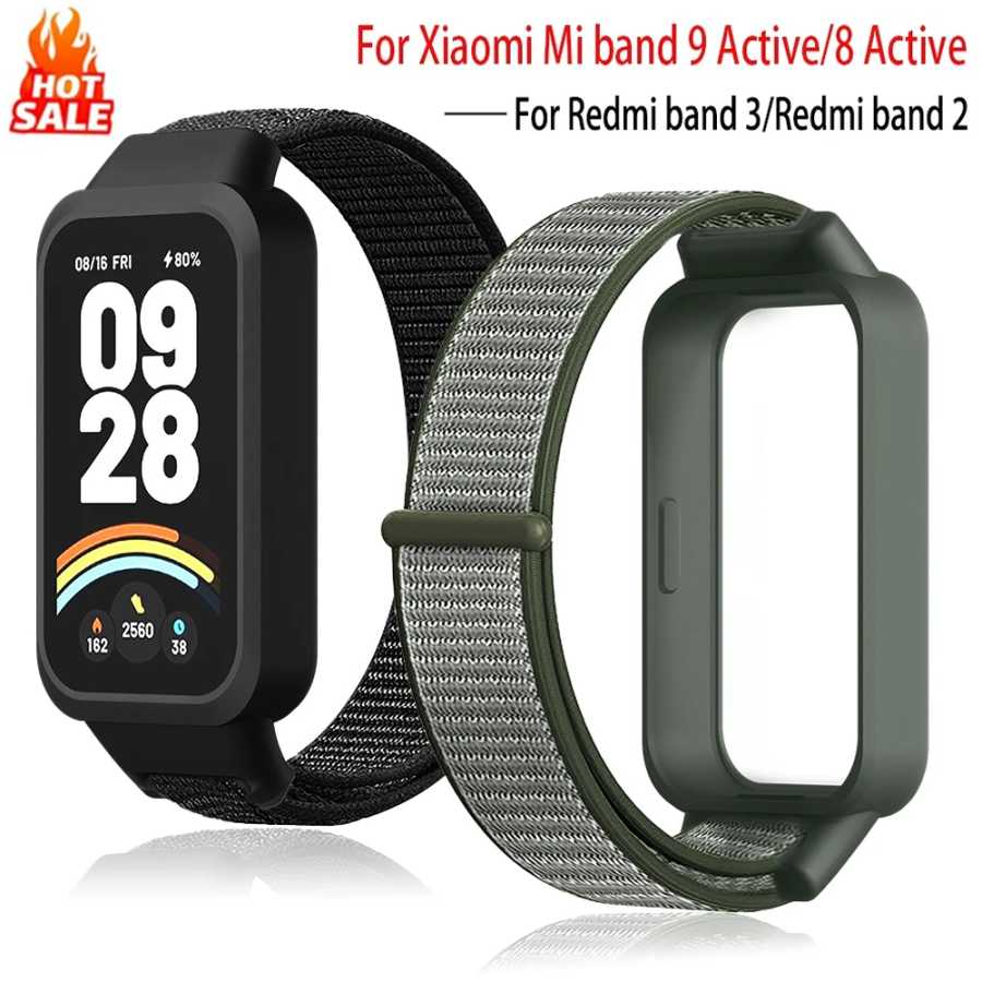 Нейлоновый ремешок + чехол для Xiaomi Smart Mi Band 9 Active/8 Active, аксессуары для браслета + защитный бампер-корпус для Redmi Band 3/2 Аксессуары для часов