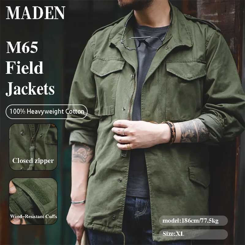 Maden Military M65 Полевые куртки для мужчин Зеленая винтажная армейская куртка Повседневная ветровка с однотонным воротником с лацканами и карманами Пальто Пальто и куртки