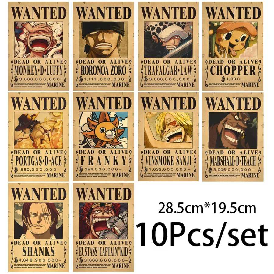 10 шт., аниме One Piece Luffy Wanted, винтажные постеры, набор для украшения стен комнаты, мультфильмы, Zoro Wanted, наклейки для рисования, игрушки, подарок Игровые фигурки и трансформеры