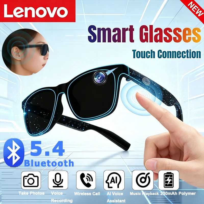 Умные очки Lenovo Bluetooth 5.4 с AI-камерой, записью фото 8K, дистанционным управлением, сенсорным переводчиком, голосовым помощником, беспроводные солнцезащитные очки Портативное аудио и видео