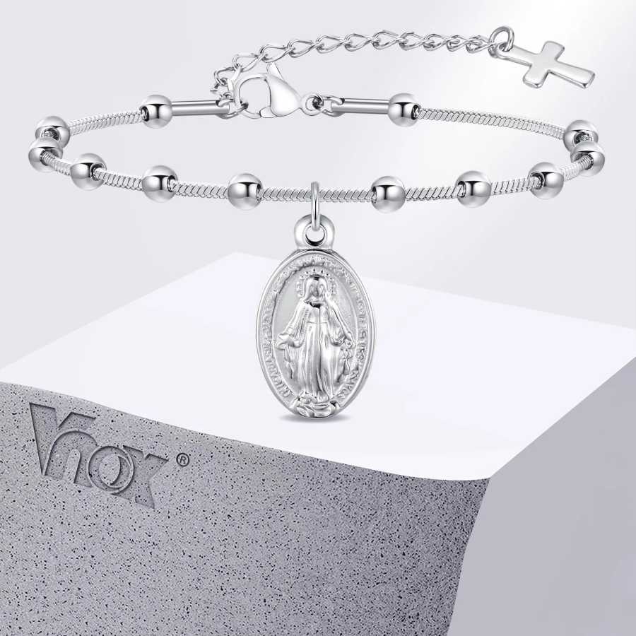 Женский браслет с розам Vnox, позолоченный, из нержавеющей стали, религиозный крест и Дева Мария, молитвенные браслеты, подарки Бижутерия
