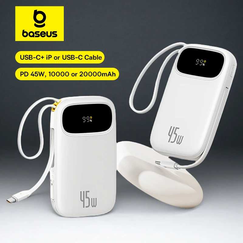 Power Bank Baseus 45 Вт, 20000 мАч, 10000 мАч, встроенный выдвижной кабель USB-C и Lightning для iPhone 17 16 15 Samsung S25 Xiaomi Poco Аксессуары для мобильных телефонов
