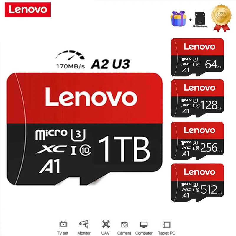 Карта памяти Lenovo Micro SD Class 10, высокоскоростная, для видео 4K, TF Flash SD карты 2 ТБ, 1 ТБ, 256 ГБ, 128 ГБ, TF карта для телефонов, камер, дронов Умная электроника
