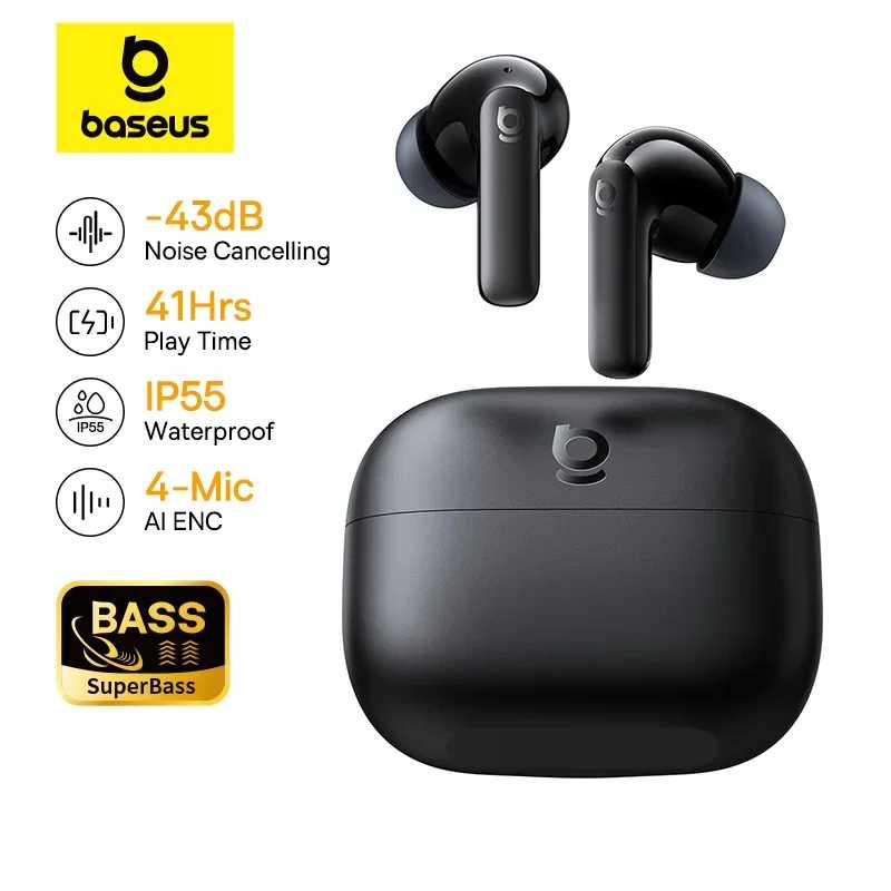 Беспроводные наушники Baseus Bass EP10/BP1 NC с шумоподавлением ANC до -43 дБ, Bluetooth 6.0, внутриканальные, 4 микрофона Портативное аудио и видео