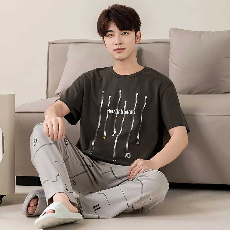 Большой размер, приблизительный мужской пижамный комплект, летняя вязаная Хлопковая пижама, Мужская одежда для сна с коротким рукавом Мужская одежда для сна и отдыха