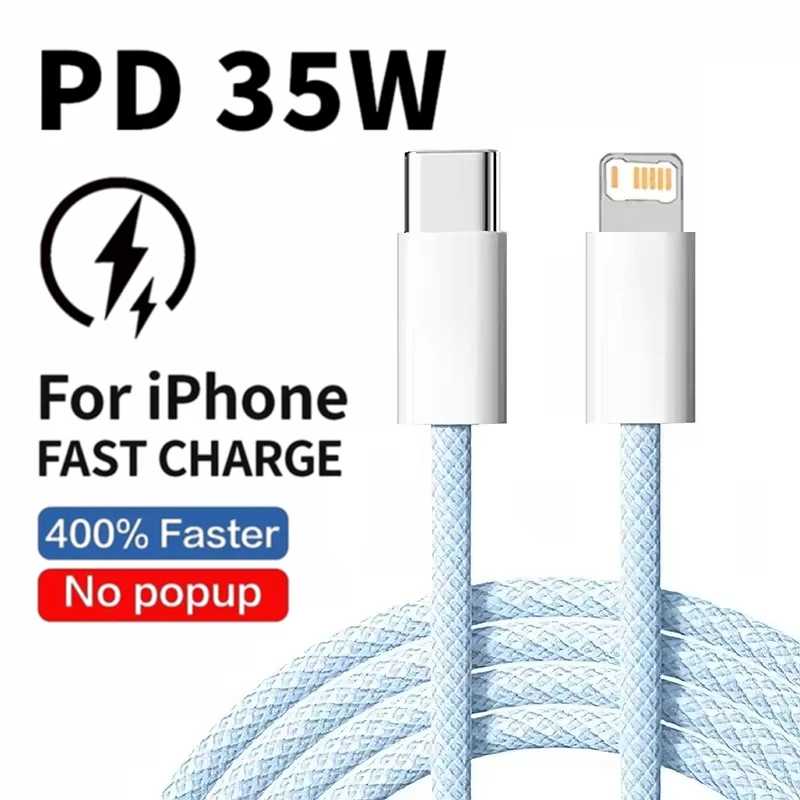 Плетеный кабель PD для быстрой зарядки 35 Вт для iPhone 13 14 Pro Max 11 12 mini X XR XS Max 7 8 Plus Кабели для быстрой зарядки USB-C для передачи данных 1 м 2 м Аксессуары для мобильных телефонов