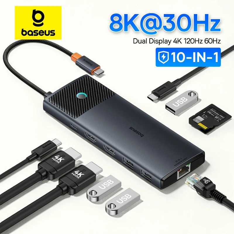 Baseus USB C HUB Dual HDMI 8K 4K Адаптер 10-в-1 USB 3.2 Разветвитель 10 Гбит/с с RJ45 SD TF Type C PD 100 Вт для MacBook Pro Air HUB Компьютерная периферия