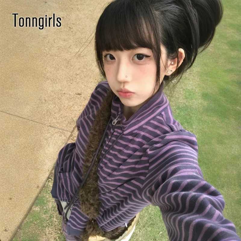 Tonngirls Y2k японские толстовки женские с длинным рукавом в полоску с воротником-стойкой толстовка High Street графические зимние пальто для девочек Толстовки и свитшоты