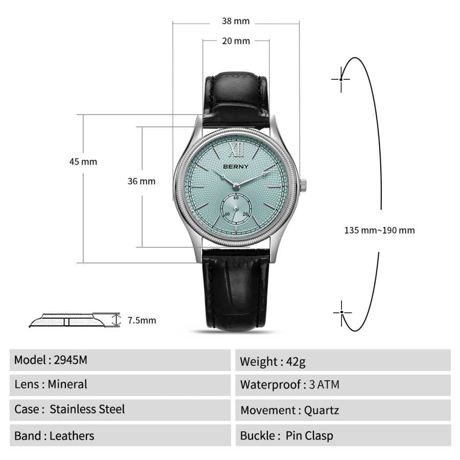 Фотография №5 товара Часы BERNY для мужчин, роскошные тонкие классические стильные кварцевые часы,