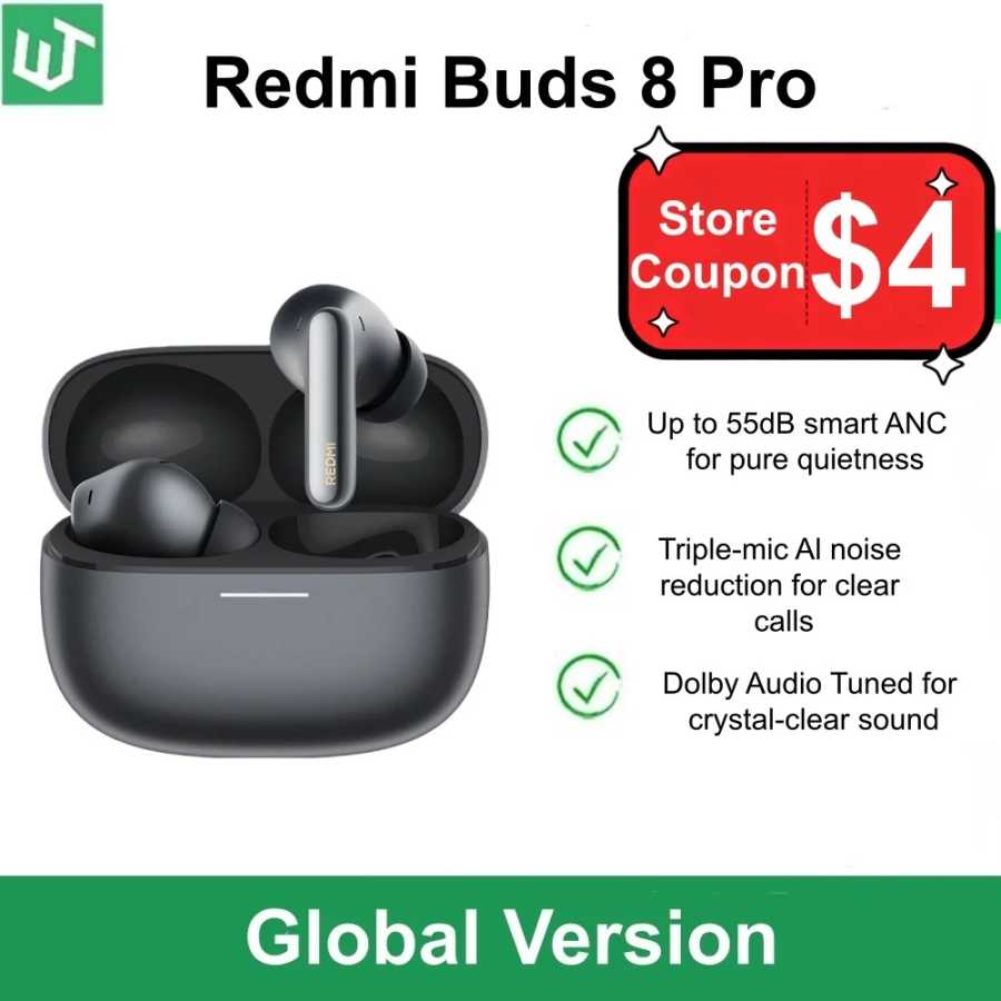 Новые беспроводные наушники Xiaomi Redmi Buds 8 Pro Global Version TWS с Bluetooth 5.4, технологией AI Clear Call, 3 микрофонами и активным шумоподавлением 55 дБ Портативное аудио и видео