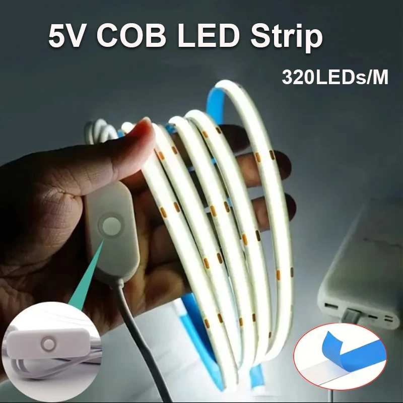 5 В COB светодиодная лента самоклеящаяся USB гибкая светодиодная лента с переключателем линейного освещения высокой плотности для кухонного шкафа спальни 