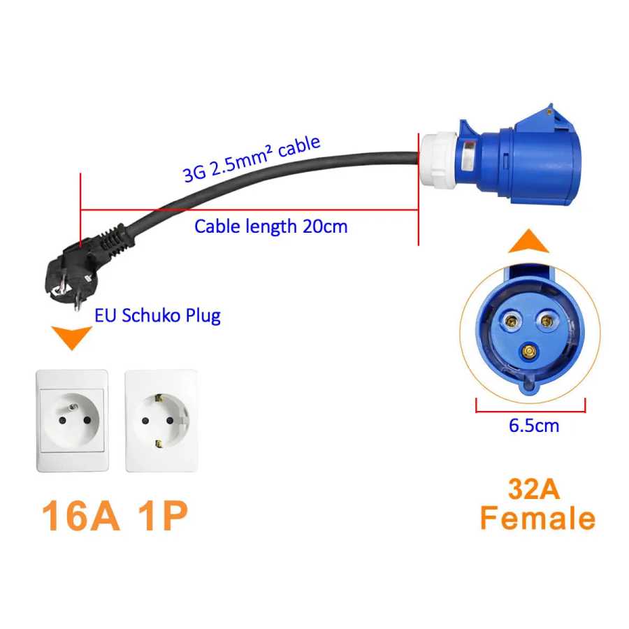 32A Blue CEE Socket to 16A EU Schuko Plug Adapter 7KW to 3.5KW Адаптер для зарядки электромобиля для портативного зарядного устройства EV Новая Энергия транспортного средства Детали и аксессуары