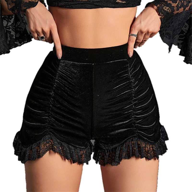 Goth Mall Готические бархатные сексуальные шорты со рюшами Юбки E-girl Гранж с высокой талией Узкие штаны Женские кружевные подол Осенняя альтернативная одежда Шорты