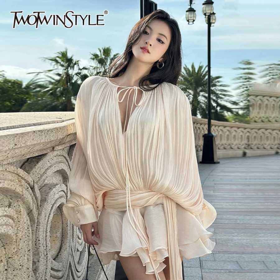 TWOTWINSTYLE однотонная лоскутная блузка на шнуровке мини-платья для женщин с v-образным вырезом и длинным рукавом милое стильное платье женская одежда мода Платья