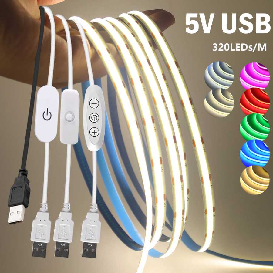 Светодиодная лента COB 5В USB с сенсорным диммером (3 кнопки), переключатель ВКЛ/ВЫКЛ, яркие цвета: красный, зеленый, синий, теплый белый, 320 светодиодов, гибкая лента, печатная плата 8 мм 