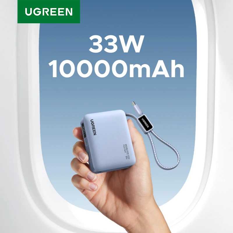 Сертификация CCC Внешний аккумулятор UGREEN Mini 33W 10000 мАч со встроенным кабелем Type-C, зарядное устройство PD 30W, совместимое с Xiaomi 33W Аксессуары для мобильных телефонов