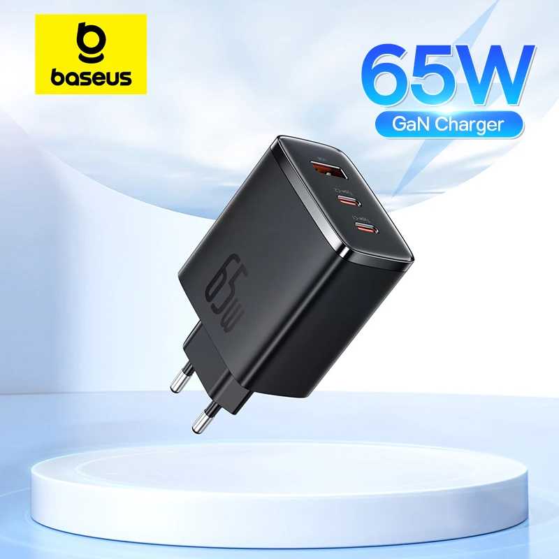 Зарядное устройство Baseus 65 Вт GaN PD Charge Type C USB-зарядное устройство Поддержка портативного быстрого зарядного устройства QC для iPhone 17 16 15 14 13 12 Зарядное устройство для ноутбука Аксессуары для мобильных телефонов