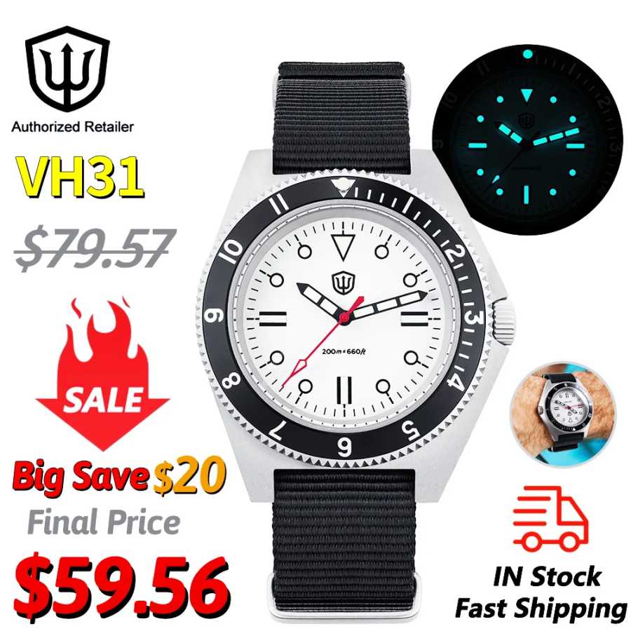 Watchdives WD1972 Кварцевые часы VH31 Sweep Seconds Механизм Сапфировое стекло BGW9 Светящиеся 20 бар Водонепроницаемые винтажные мужские часы Мужские часы