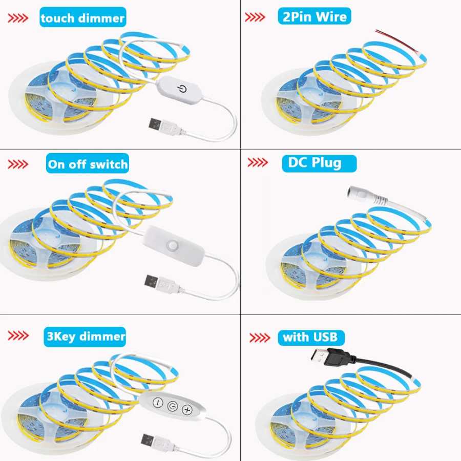 Фотография №1 товара Светодиодная лента COB 5В USB с сенсорным диммером (3 кнопки),
