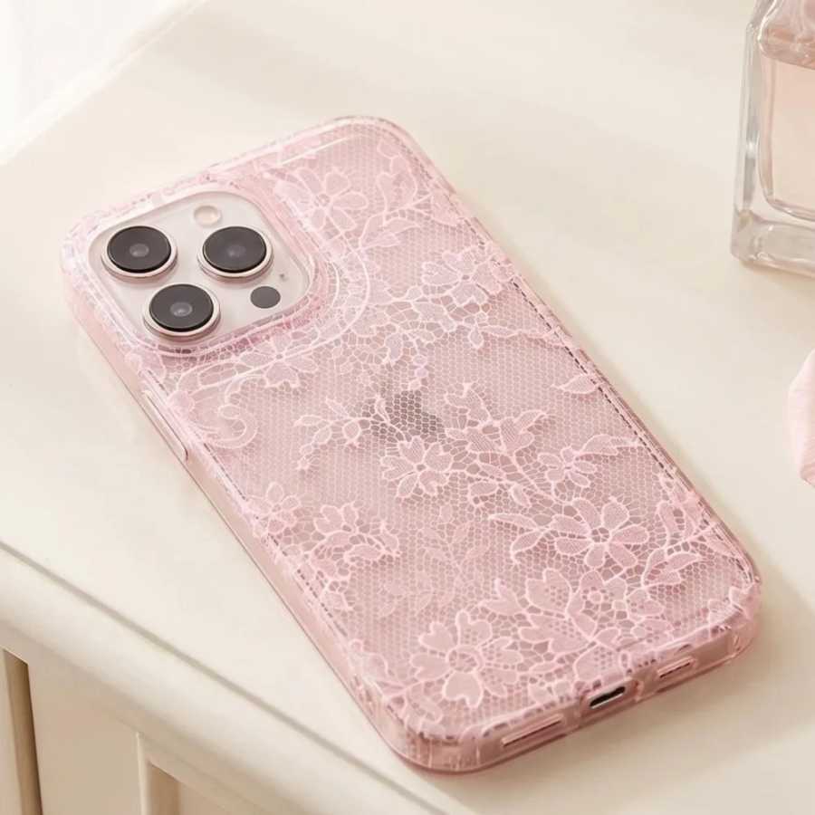 Розовый кружевной прозрачный чехол с цветочным узором для iPhone 17 16 15 14 13 12 11 Pro Max - Эстетичный мягкий чехол из ТПУ с защитой от царапин в стиле Coquette Чехлы и чехлы для мобильных телефонов