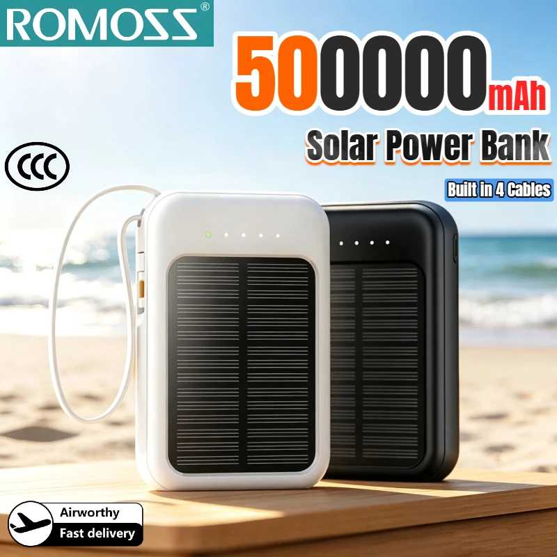 Солнечный внешний аккумулятор ROMOSS 500000 мАч, высокая емкость, быстрая зарядка, встроенные 4 кабеля, портативный аккумулятор для использования на улице, запасная батарея для всех телефонов Аксессуары для мобильных телефонов