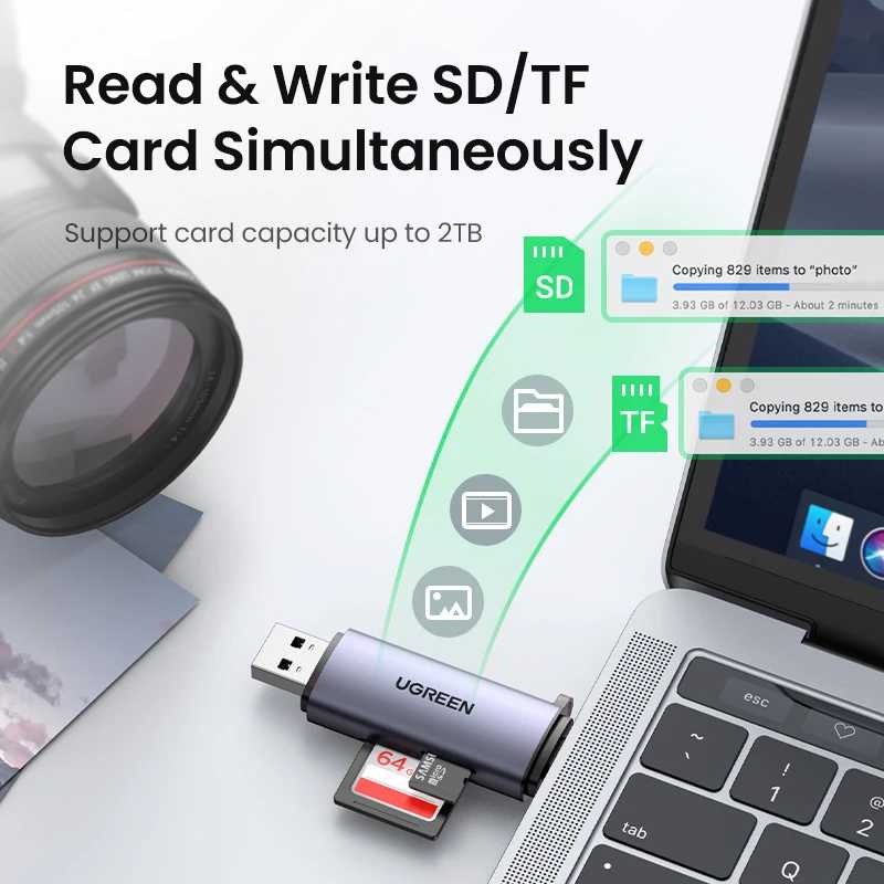 Фотография №3 товара Устройство для чтения карт UGREEN, USB 3,0, USB C, SD,