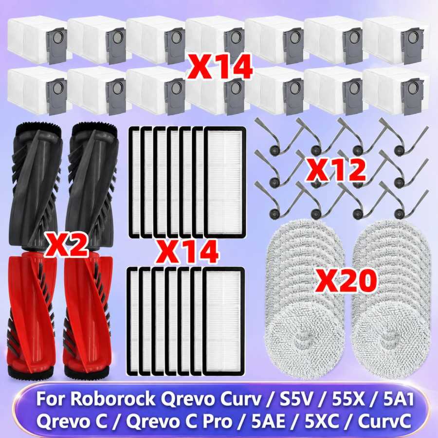 Совместимо с Roborock Qrevo Curv / Qrevo C / Qrevo C Pro / Curv 2 Pro / S5V / 5AE / S5X / 5A1 / 5XC / CurvC / P20 Pro Запчасти для Пылесоса Главный Валик Боковая Щетка Фильтр Тряпка для Мытья Пылесборник Аксессуары 