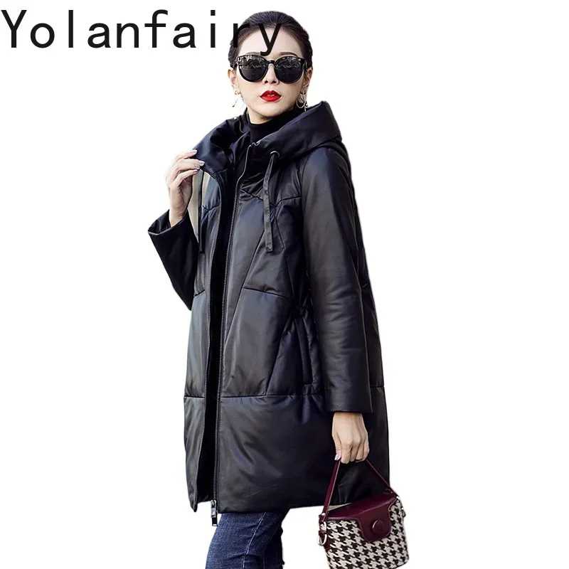 YOLANFAIRY, натуральная кожа, овчина, верхняя одежда, модная женская одежда, зимние длинные пуховики с капюшоном, новая женская куртка Кожаная одежда