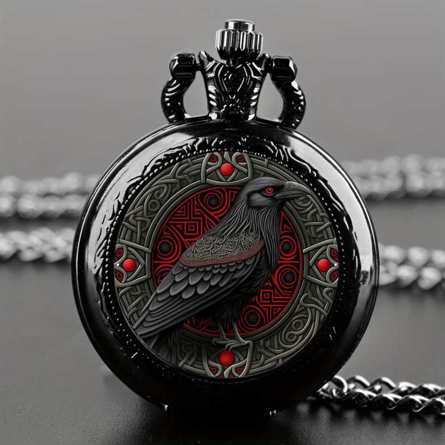 Изысканные карманные часы Clever Crow в винтажном стиле &mdash; кварцевый механизм, круглый циферблат, уникальное черное ожерелье, сувенирный подарок для детей Карманные часы