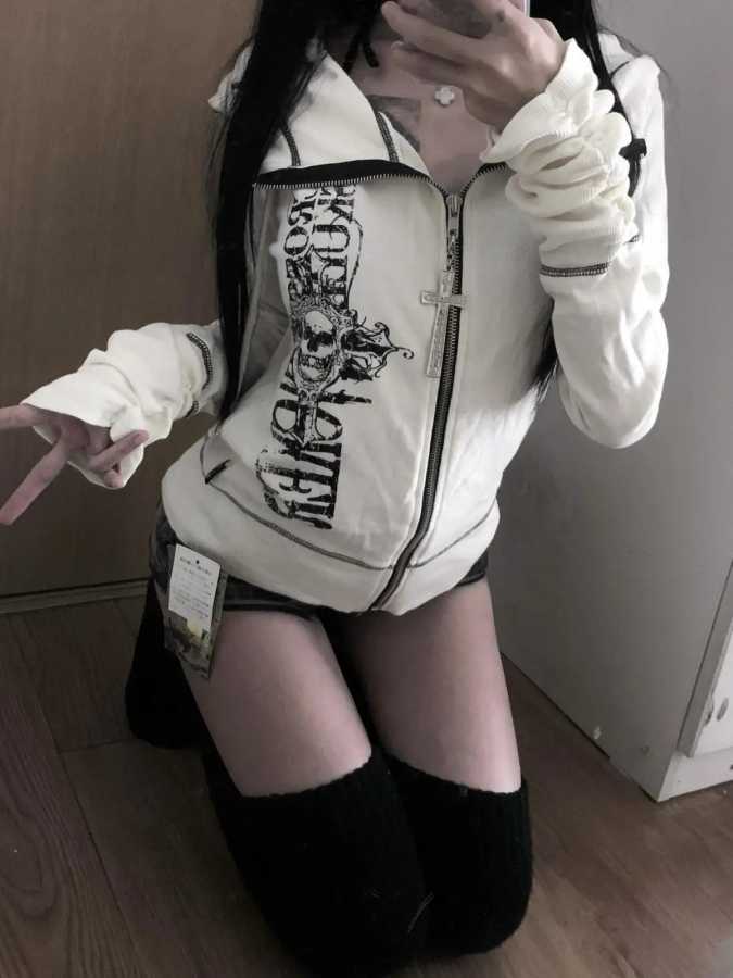 Harajuku Y2k готическое пальто с капюшоном для женщин, осень 2023, новые повседневные универсальные куртки, субкультурные японские черные топы, толстовка Mujer Толстовки и свитшоты