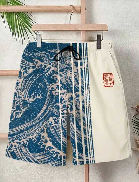 2025 Summer New 3D Japanese Wave Print Men's Street Hip-Hop Casual Shorts Men's Summer Swim Shorts Drawstring Casual Shorts Шорты