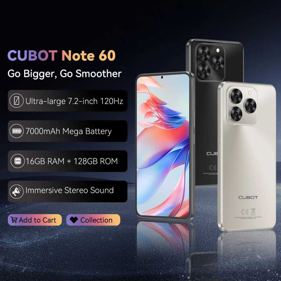 Смартфон Cubot Note 60, Android 15, 7,2-дюймовый дисплей с частотой обновления 120 Гц, восьмиядерный процессор, 16 ГБ (6 + 10 ГБ) ОЗУ, 128 ГБ ПЗУ, 48-мегапиксельная камера, аккумулятор емкостью 7000 мАч Мобильные телефоны