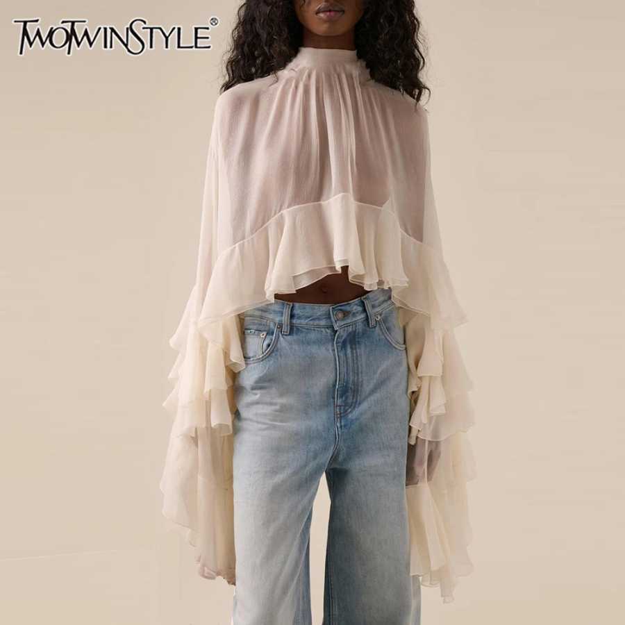 TWOTWINSTYLE однотонные свободные прозрачные блузки для женщин с высоким воротом и длинными рукавами в стиле пэчворк с оборками и складками элегантная блузка женская одежда Женские топы
