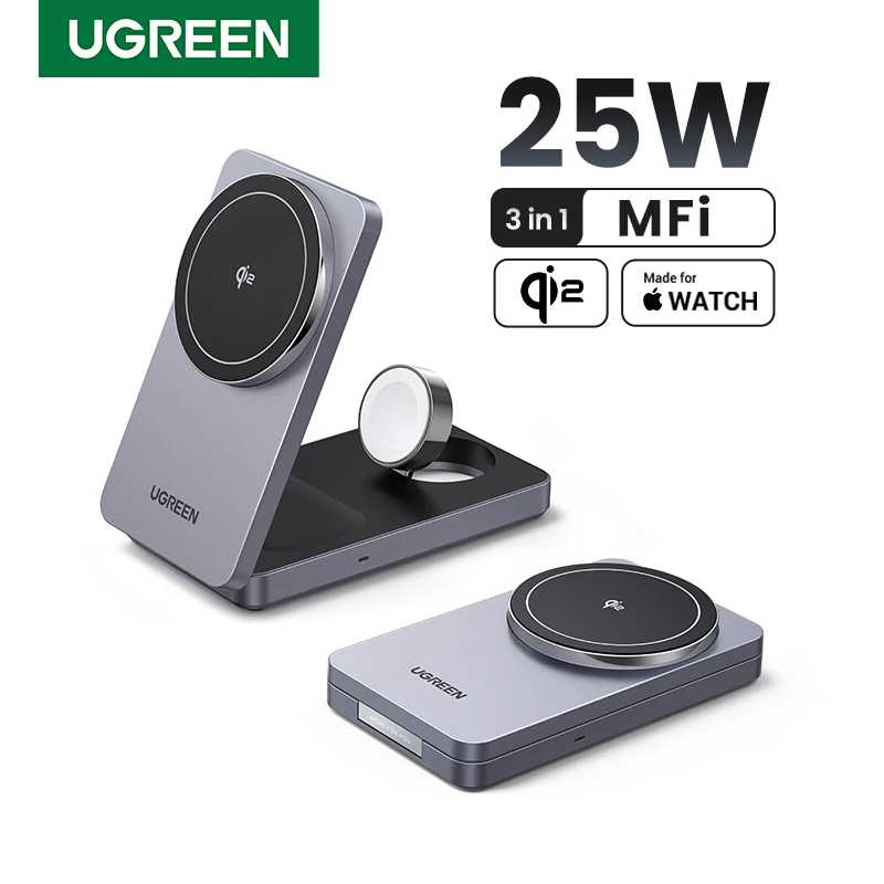 UGREEN MFi 3-в-1 15 Вт MAX Магнитная подставка для беспроводного зарядного устройства Qi2 Общая зарядка 25 Вт для iPhone 16 17 Pro Apple Watch для MagSafe Аксессуары для мобильных телефонов