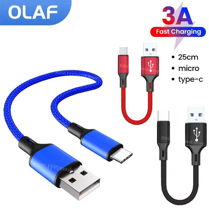 Короткий кабель 25 см USB Micro Type C Кабель для быстрой зарядки данных для iphone Xiaomi Samsung Power Bank USB C Кабель с нейлоновой оплеткой Аксессуары для мобильных телефонов