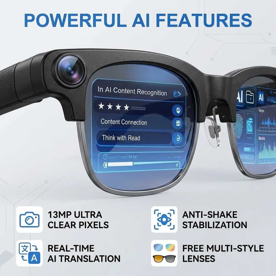 Умные очки с ИИ, камера 1300 МП, 4K HD, запись фото и видео, Bluetooth-звонки, голосовой помощник, ИИ-перевод Умная электроника