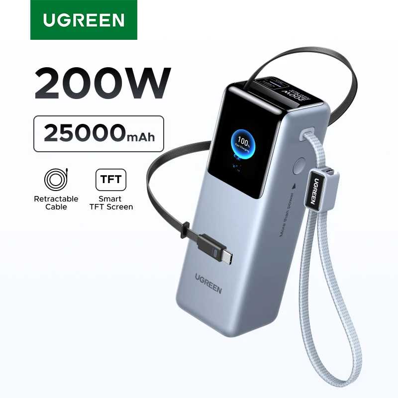 Сертифицировано CCC UGREEN Nexode Pro 200W 25000mAh Power Bank с выдвижными кабелями, портативный внешний аккумулятор PD для быстрой зарядки ноутбуков Аксессуары для мобильных телефонов