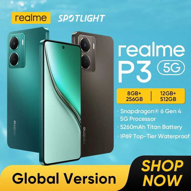   Смартфон realme P3 5G Процессор Snapdragon&reg; 6 Gen 4 5G Сверхъемкая батарея 5260 мАч Быстрая зарядка 45 Вт 6,67 дюйма 120 Гц AMOLED киберспортивный дисплей Камера 50 Мп с ИИ NFC IP69 Мобильные телефоны