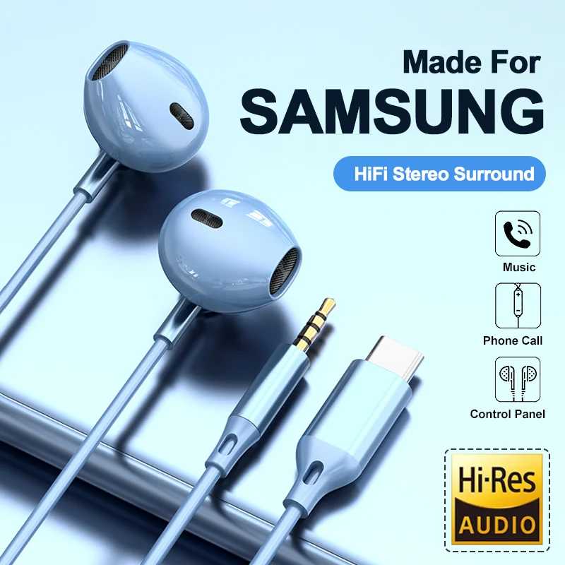 Для наушников Samsung HiFi объемный звук-вкладыши USB Type C 3,5 мм с проводным управлением Проводные беруши для Galaxy S24 S23 S22 Ultra Портативное аудио и видео