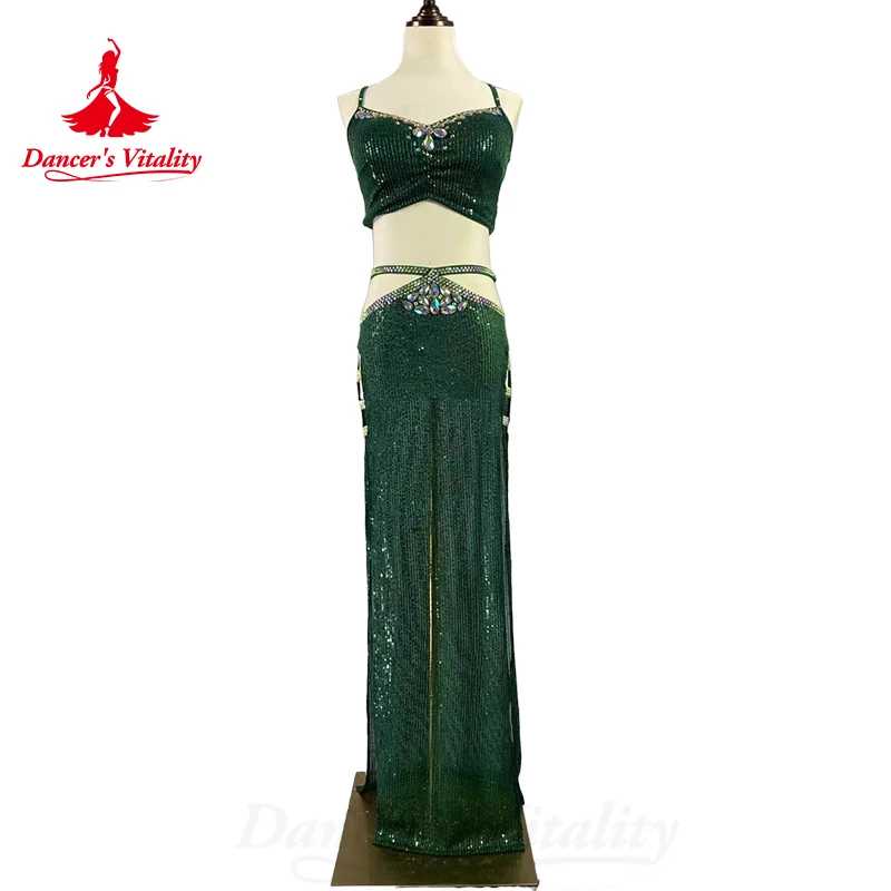 Костюм для танца BellyDance, женский роскошный костюм с верхом и длинной юбкой с блестками и разрезом, одежда для профессионального восточного танца, 2 шт. Одежда для сцены и танцев