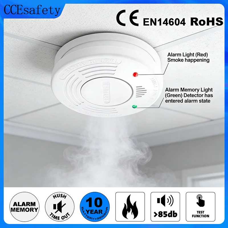 Детектор дыма CCEsafety для дома, пожарная сигнализация с фотоэлектрическим датчиком дыма, сертифицирован CE EN14604, с батареей CR123A на 10 лет и кнопкой отключения звука. Умные системы общественной безопасности