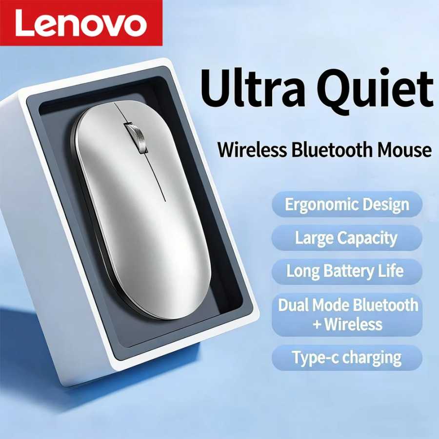 Беспроводная Bluetooth-мышь Lenovo 2.4G с двойным режимом работы, зарядкой Type-C, бесшумная, эргономичная, портативная, универсальная для ноутбуков, офиса и игр Компьютерная периферия