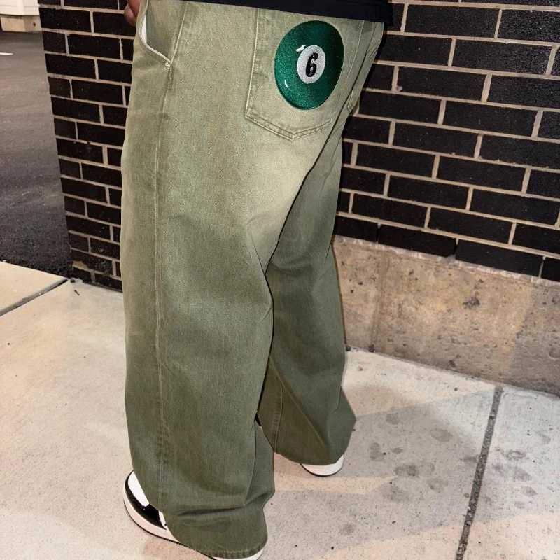 Фотография №4 товара Джинсы Y2K Street Matcha Denim с карманами, зеленые, с вышивкой