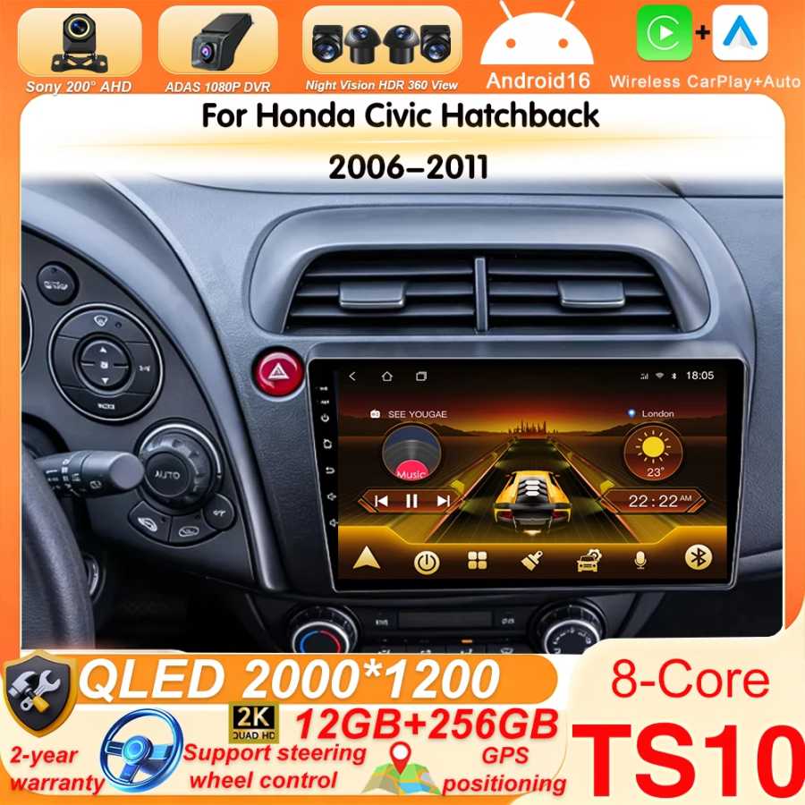Android 16 для Honda Civic Hatchback 2006-2011, беспроводной Carplay, автомобильный мультимедийный плеер, 5G Wi-Fi, навигация, Bluetooth, сенсорный дисплей Автоэлектроника