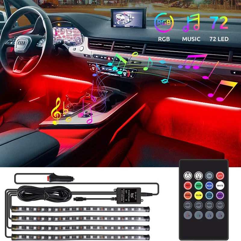 Фотография №3 товара 72/48/36 светодиодный RGB автомобильный ножной окружающий свет с USB-сигаретой, автомобильное