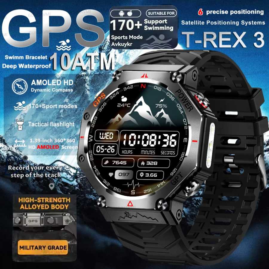 2025 Новые Смарт-часы T-Rex 3 Ultra GPS для мужчин 10ATM IP68 Водонепроницаемые встроенные двухдиапазонные GNSS-компас Военные спортивные умные часы Умная электроника
