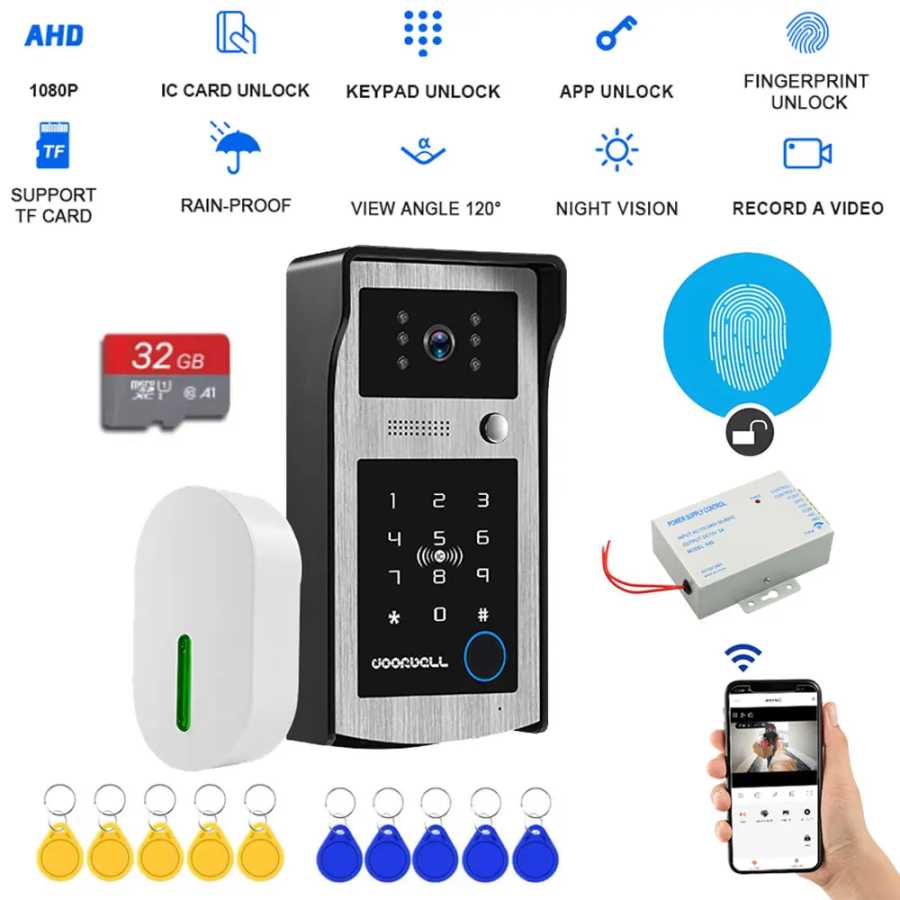 Видеодомофон WiFi Tuya с RFID и камерой 1080P HD, цветной видеосвязью, наружной установкой, кодовой панелью и разблокировкой через приложение Доступ к автоматизации здания
