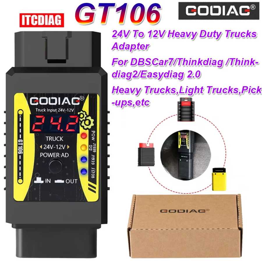 Адаптер преобразователя GODIAG GT106 для тяжелых грузовиков, переходник 24 В в 12 В для X431 Easydiag/ ThinkCar/ DBScar 7 / Thinkdiag 2 для OBD2 K-Line Инструмент для ремонта автомобилей