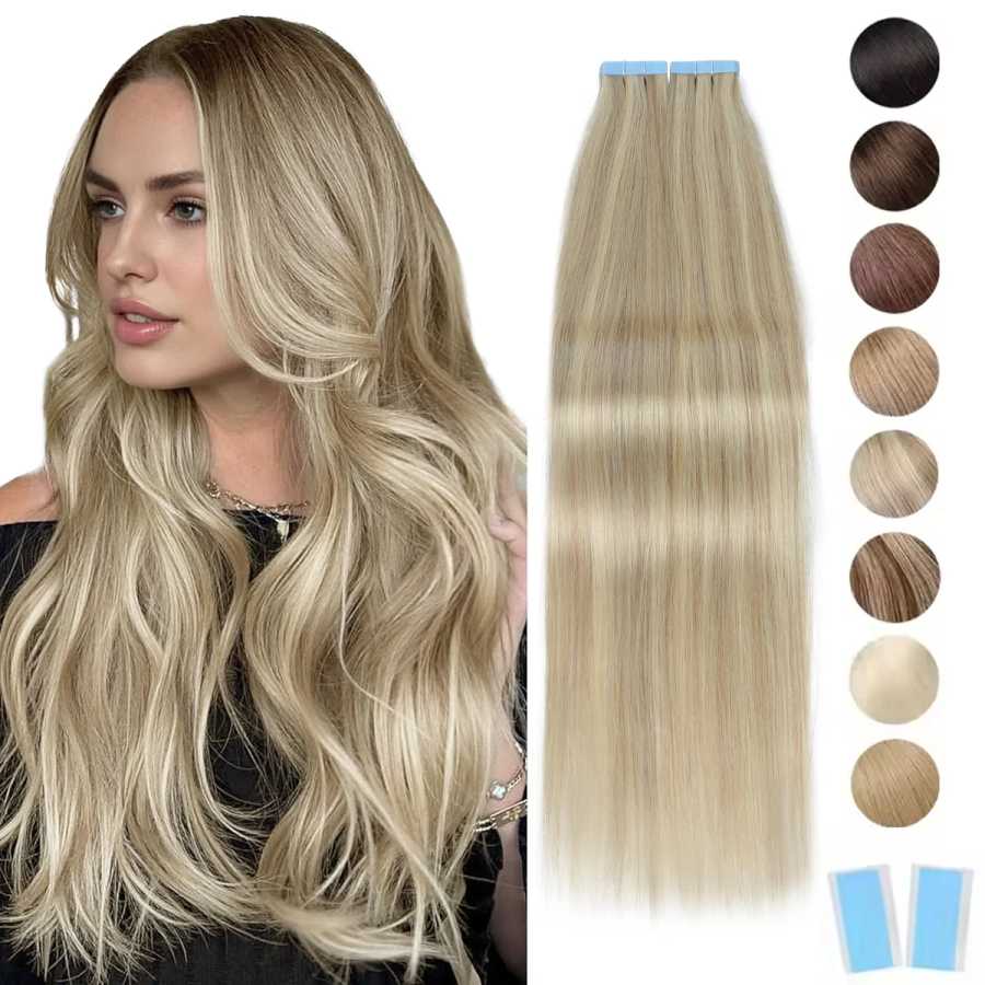 MRSHAIR Лента для наращивания волос Человеческие волосы Блондинка Бесшовная лента для наращивания волос 4x0,8 см Уток кожи Лента из искусственной кожи на волосах 20 шт. 12 "-24" Человеческие волосы (для блондинов)