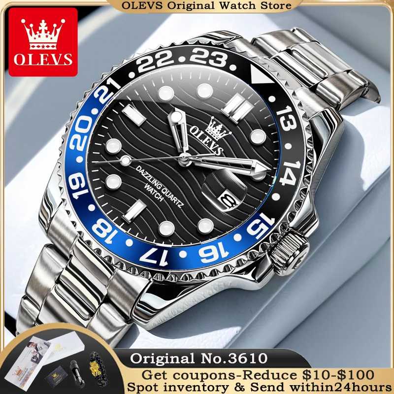 OLEVS 3610, мужские часы, модные оригинальные серии для дайвинга, водонепроницаемые, с вращающимся циферблатом и датой, из нержавеющей стали, роскошные брендовые мужские кварцевые часы Мужские часы
